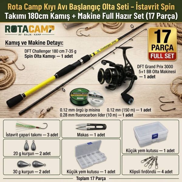 Rota Camp Kıyı Avı Başlangıç Olta Seti – İstavrit Spin Takımı 180cm Kamış + Makine Full Hazır Set